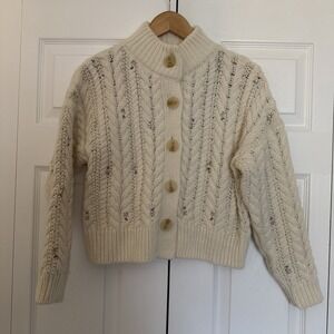 Something Navy Cable Knit Cardigan Sweater Wool Ivory Dainty XS Cottagecore